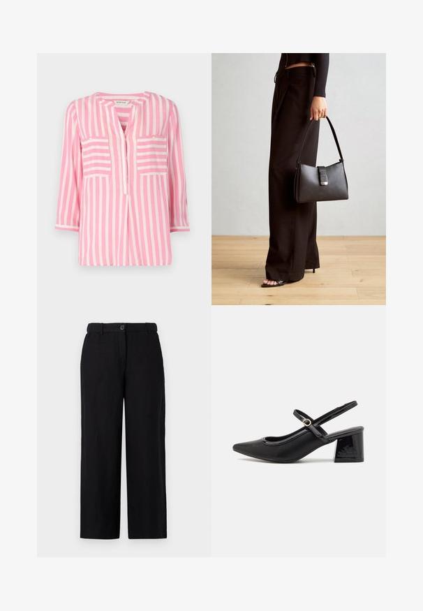 Vaaleanpunainen paita, jossa on pystysuorat valkoiset raidat, v-mallinen kaula-aukko, kolmannen neljänneksen hihat sekä kaksi rinta-taskua. Pehmeä kankaan rakenne.; Mustat leveät housut, jotka on valmistettu kevyestä kankaasta, edessä napp closure ja vyölenkit. Sileä pinta ilman näkyviä kuvioita.; Musta lakattu nahka slingback-korkokengät, joissa on terävä kärki, pyöreä aukko-muotoilu ja lohkokorko. Varustettu kultasävyisellä solkiyksityiskohdalla.; Musta käsilaukku, jossa on rakenteellinen muoto, sileä pinta ja metallinen solki. Yhdistetty leveisiin mustiin housuihin ja avonaiheisiin sandaaleihin puulattialla.