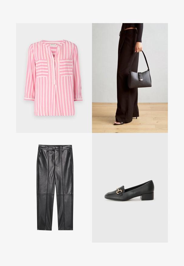 Lys rosa bluse med vertikale hvite striper, med v-hals, trekvart ermer og to brystlommer. Myk tekstur.; Sorte lærbukser med en glat tekstur, der har en lige pasform, to forlommer og synlige sømdetaljer.; Sorte skinnloafers med flat hæl, med dekorativ detalj i gull foran og en jevn tekstur.; Svart håndveske med strukturert form, jevn tekstur og metallisk lås. Kombinert med brede svarte bukser og sandaler med åpen tå på tregulv.