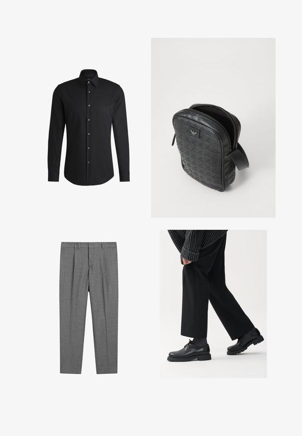 Zwarte langemouwen shirt van gladde stof, met een klassieke kraag, een knoopsluiting aan de voorkant en een afgeronde zoom met zilverkleurige knopen.; Zwarte katoenen t-shirt met een klassieke ronde hals, korte mouwen en een comfortabele pasvorm. Gladde textuur, zonder patronen of versieringen.; Grijze op maat gemaakte broek met een gestructureerde stof, voorzien van een platte voorkant, geplooide benen, riemlussen en een standaard tailleband.; Zwarte leren schoenen met een afgeronde neus, vetersluiting en een dikke, getextureerde zool. Draagt een gepaste zwarte broek en een geribbelde trui.; Zwarte, gestructureerde leren tas met een geometrisch patroon, rechthoekige vorm, bovenrits en een kort handvat. Heeft een logo-opdruk aan de voorkant.