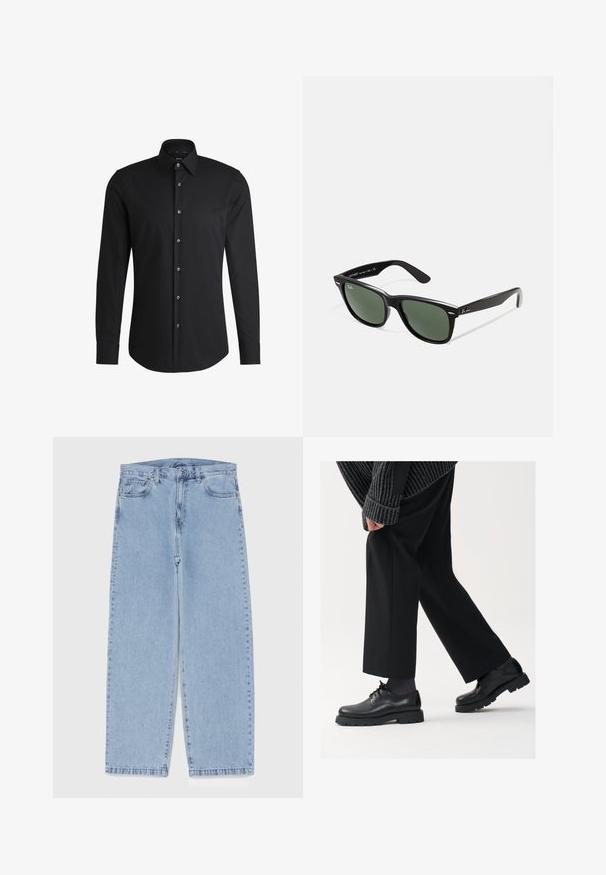 Cămașă neagră cu mânecă lungă, fabricată dintr-un material neted, având un guler clasic, placket cu butoane în față și tiv rotunjit cu butoane de ton argintiu.; Jeans din denim de culoare albastru deschis, cu un design cu picioare drepte, având talie medie, cinci buzunare și un sistem de închidere cu nasture și fermoar.; Pantofi din piele neagră cu vârf rotunjit, design cu şireturi şi o talpă groasă, texturată. Purtați cu pantaloni negri bine croiți și un pulover cu ripuri.; Ochelari de soare din plastic negru cu lentile verzi, rame pătrate, accent argintiu pe sprânceană și brațe texturate. Marca este menționată pe brațul interior.; Ceas cu quartz, brățară din oțel inoxidabil argintiu, cadran rotund negru, marcaje albe pentru ore și un afișaj pentru dată la ora 3. Rezistent la apă până la 50m.