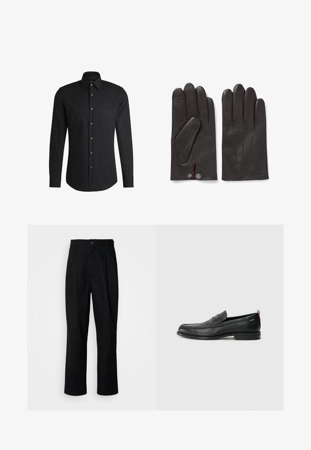 Juodas ilgai rankovės marškinys, pagamintas iš lygaus audinio, turintis klasikinį apykaklę, priekinę sagčių eilę ir apvalią hemą su sidabrinės spalvos mygtukais.; Juodas tiesus kojų kelnes su sagomis juosmenyje, diržo kilpomis ir priekine raukšle, parodytas prieš paprastą baltą foną.; Juodi odiniai loafersai su tekstūruotu priekinės dalies panele ir lygiomis šoninėmis dalimis. Yra plonas kulnas ir užpakalinė kilpa patogiam užsidėjimui. Klasikinis dizainas.; HUGO JAAN - Pirštinės - dark brown four