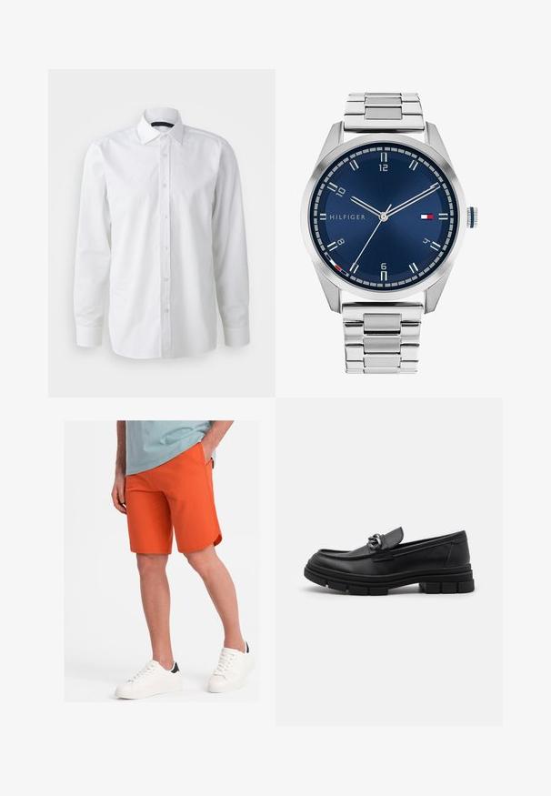 Chemise blanche à manches longues en coton. Présente un col classique, une fermeture à boutons sur le devant, et une texture lisse avec un léger éclat.; Shorts orange en tissu doux avec une texture lisse, dotés de poches latérales et d'un ourlet arrondi, accompagnés de baskets blanches.; Mocassin en cuir noir avec un bout arrondi, une lanière décorative et des éléments en métal, et une semelle texturée épaisse. Finition lisse avec des détails subtils.; Montre en métal argenté avec un cadran bleu brossé, des index heures blancs et un affichage de la date. Comprend un bracelet métallique à maillons et le logo de la marque.; Collier en argent avec des maillons épais et un pendentif circulaire central avec des détails complexes. Surface en métal lisse et réfléchissante.