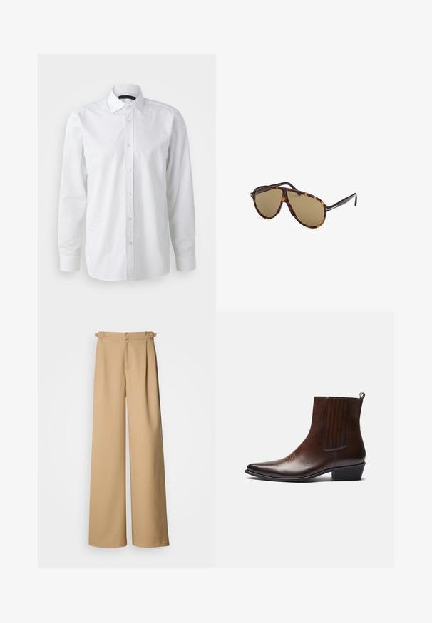Weißes Langarmhemd aus Baumwolle. Verfügt über einen klassischen Kragen, eine Knopfleiste und eine glatte Textur mit subtiler glänzenden Oberfläche.; Beige weite Hosen mit hoher Taille, gefälteltem Vorderteil und Gürtelschlaufen. Hergestellt aus glattem Stoff mit einem klaren, minimalistischen Design.; Braune Leder-Ankle-Boots mit spitzer Spitze, elastischen Seitenteilen, strukturierten Details auf der Vorderseite und einem niedrigen, gestapelten Absatz.; Sonnenbrille im Schildpatt-Muster mit braunen Gläsern, im Pilotenstil, ausgestattet mit einem schlanken Rahmen und metallischen Akzenten an den Bügeln.; Emporio Armani TRADITIONAL GINO - Uhr - brown; Ein goldfarbener Metallring mit einem schwarzen strukturierten Band und einem dekorativen goldenen Akzent in der Mitte mit einem ausgeschnittenen Muster.