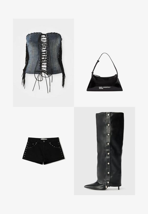 Denim strapless corset with black lace-up front, silver eyelets, and black fringe accents along the sides. Features structured fit and distressed texture.; Black denim shorts with a button closure, featuring studded accents along the front pockets and side seams. Short length and classic fit.; Black leather high-heeled boots featuring a fitted design, pointed toe, and silver snap button accents along the side.; Black patent leather handbag with a triangular shape, featuring a top zipper and adjustable strap. Logo "KARL LAGERFELD JEANS" in silver.