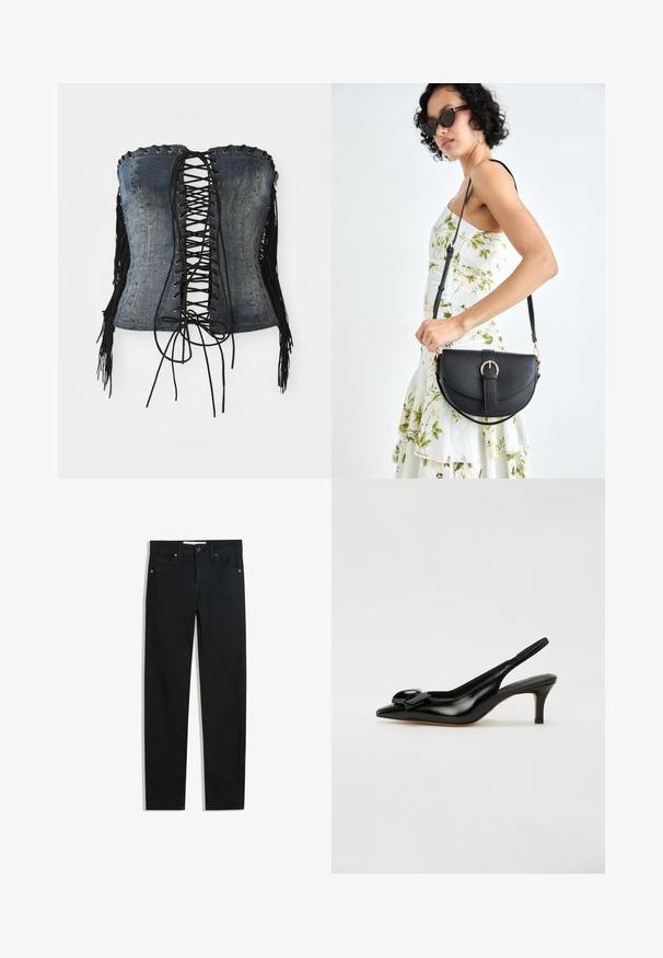 Denim strapless corset with black lace-up front, silver eyelets, and black fringe accents along the sides. Features structured fit and distressed texture.; Black denim pants with a straight leg design, five pockets, metal button closure, and subtle stitching details. Smooth texture.; Black patent leather slingback shoe with a pointed toe, small heel, and a prominent bow accent on the vamp. Smooth texture and sleek design.; Black leather handbag with a curved shape, detachable strap, and gold hardware. The bag features a flap with a buckle detail.