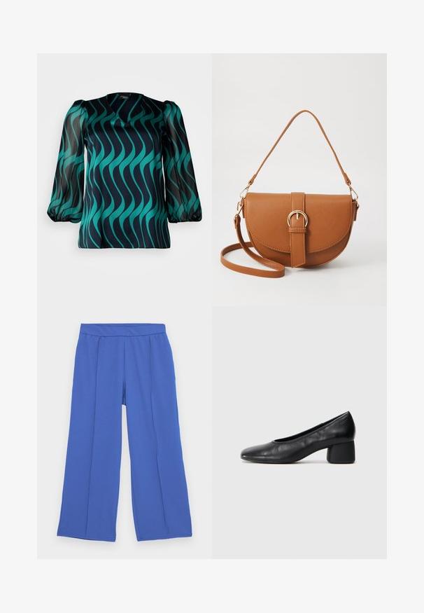 Mørk marineblå bluse med teal bølgemønster, V-hals, og gjennomsiktige puff-sleeves. Glatt stoff med en lett avslappet passform.; Vide benbukser laget av myk, elastisk stoff i lys blå. Har en flat midje og to frontfold for ekstra design detaljer.; Sorte lærpumps med rund tå og mellomstor blokkhæl. Glatt tekstur med minimalt med detaljer, og har en subtil elastisk åpning.; Brun lærcrossbody-veske med en buet form, gullhardware og et spenneakcent. Har en avtakbar skulderreim.