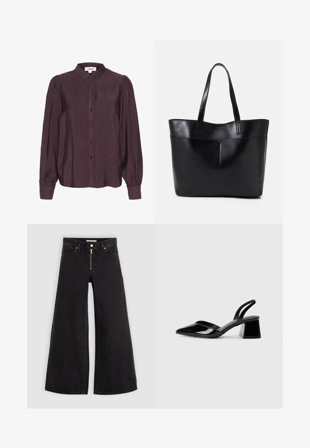 Bluzica u boji šljive od sjajnog, laganog materijala. Ima kopčanje na gumbe sprijeda, duge rukave s naboranim manžetama i klasičnu kragnu.; Široke traperice od crnog denima s prednjim zatvaračem, dizajnom s pet džepova i suptilnim detaljima šivanja. Glatka tekstura i ležeran stil.; Crne lakirane kožne sandale s otvorenom petom i špicastim vrhom, s geometrijskom blok petom. Imaju elegantan, minimalistički dizajn i glatku teksturu.; Crna kožna torba s dugim ručkama, glatkom teksturom i strukturiranim oblikom. Ima prednju džep za dodatno pohranu.