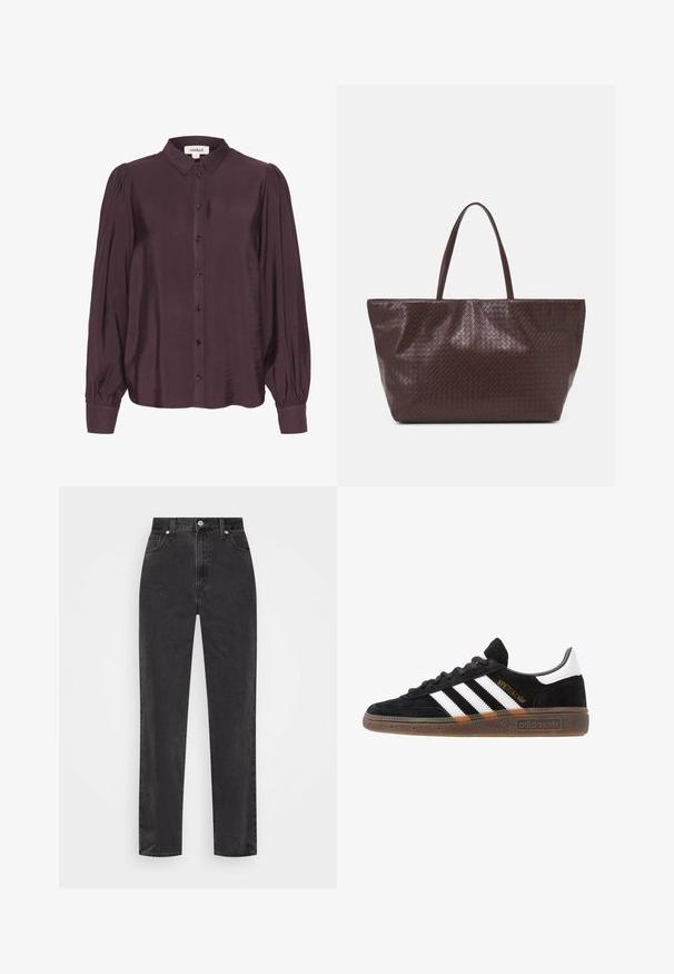 Plūmkrāsas blūze no spīdīga, viegla auduma. Iezīmēta ar pogām priekšpusē, garām piedurknēm ar savilktām aprocēm un klasisku apkakli.; Melnas džinsus ar taisnu kāju un augsto jostu, ar priekšējo pogu un rāvējslēdzēju, kā arī piecu kabatu dizainu uz balta fona.; Melnas Adidas sporta kurpes ar baltām svītrām, zelta "Spezial" uzrakstu, gumijas zoli un baltu papēža daļu, attēlotas profila skatījumā.; Brūna austs ādas rokassoma ar divām rokturiem, strukturētu formu un teksturētu virsmu, ar diagonālu rakstu visā virsmā.