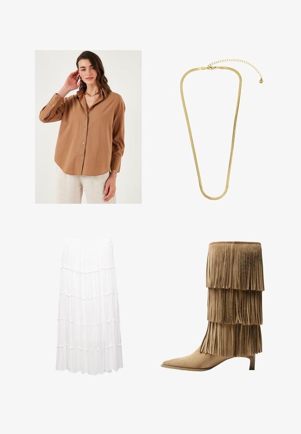 Brown button-up shirt with a relaxed fit, long sleeves, and a slightly curved hem; made of lightweight fabric with subtle texture.; White tiered skirt made of lightweight fabric, featuring a stretchy waistband, ruffled layers, and a flowing design that extends to mid-calf.; Fringe ankle boot in tan suede with three layered fringes. Pointed toe and a low block heel. Smooth texture throughout.; Gold-plated snake chain necklace, smooth texture, flexible design, features a lobster clasp and extended adjustable chain for length customization.