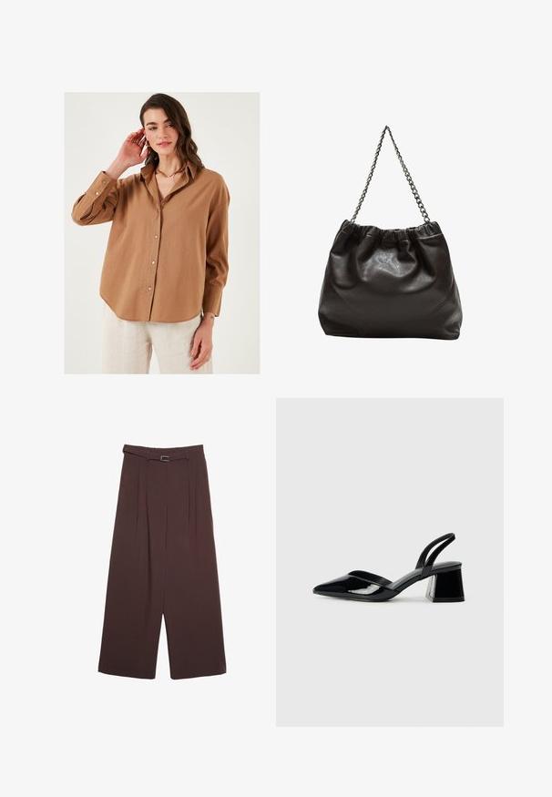 Brun knapp-up skjorta med en avslappnad passform, långa ärmar och en något rundad fåll; tillverkad av lättviktsmaterial med subtil textur.; Stradivarius WIDE-LEG WITH BUCKLE DETAIL - Tygbyxor - dark brown; Svarta lackläder slingback klackar med spetsig tå och geometrisk klack. Har en elegant, minimalistisk design och slät yta.; Brun läderväska med rynkad topp och kedjesnodd. Slät textur med en blankslipad yta och subtila sömdetaljer på sidorna.