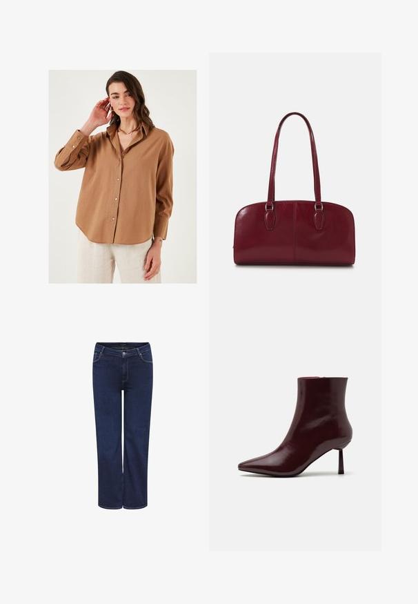 Ruskea napitettava paita, jossa on rento istuvuus, pitkät hihat ja hieman kaareva helma; valmistettu kevyestä kankaasta, jossa on hienovarainen rakenne.; Tummansinisiä farkkuja, joissa on suora leikkaus, viisi taskua ja metallinen napitus. Keskipainoista kangasta, jossa on sileä pinta.; Burgundi kiiltävä nahkainen nilkkasaapas, jossa on terävä kärki ja kapea korko, joka esitellään sileällä, kiiltävällä pinnalla ja minimalistisella suunnittelulla.; Zign LEATHER - Käsilaukku - dark red