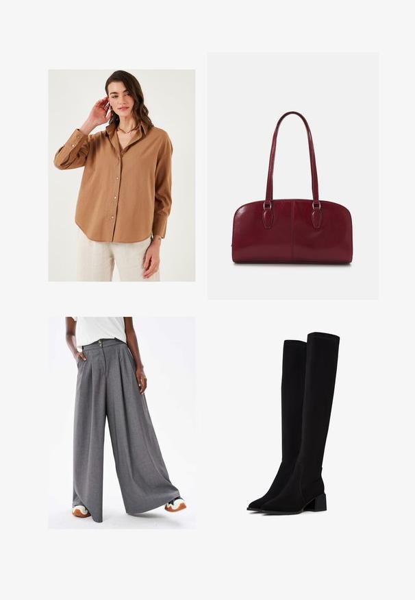 Braunes Hemd mit Knopfleiste in lässigem Schnitt, langen Ärmeln und leicht abgerundetem Saum; aus leichtem Stoff mit dezenter Textur.; Graue, weit geschnittene Hose mit Falten-Design, Stoffstruktur, zwei Knöpfen an der Taille und seitlichen Taschen. Kombiniert mit weißen und orangefarbenen Sneakers.; Schwarze Overknee-Stiefel aus weichem, strukturiertem Material. Mit Blockabsatz, spitz zulaufender Zehenpartie und sichtbaren Nahtdetails.; Zign LEATHER - Handtasche - dark red