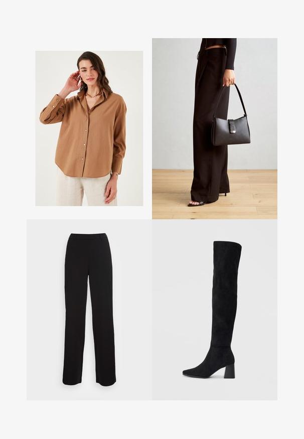 Hnedá košeľa na gombíky s voľným strihom, dlhým rukávom a jemne zakriveným lemom; vyrobená z ľahkej tkaniny s jemnou štruktúrou.; Čierne nohavice so strihom s rovnými nohavicami, hladkou textúrou a priliehavým pásom. Obsahujú predné vrecká a minimálne švy.; Čierna semišová kozačka po kolená s blokovým podpätkom, špicatou špičkou a hladkým, bezšvovým dizajnom na jednoduchom svetlom pozadí.; Čierna kabelka so štruktúrovaným tvarom, hladkou textúrou a kovovou sponou. V kombinácii so širokými čiernymi nohavicami a sandálmi s otvorenou špičkou na drevenej podlahe.