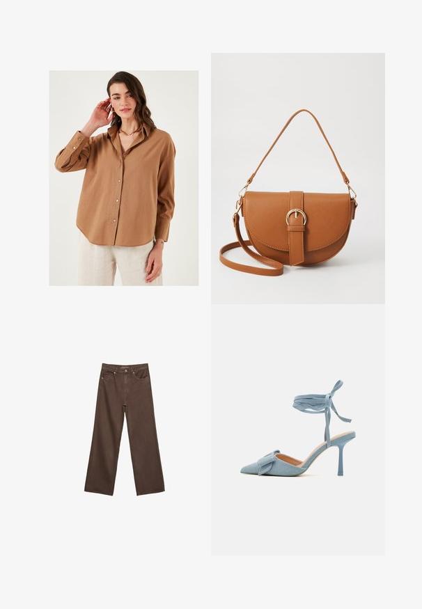 Ruskea napitettava paita, jossa on rento istuvuus, pitkät hihat ja hieman kaareva helma; valmistettu kevyestä kankaasta, jossa on hienovarainen rakenne.; Leviittävät ruskeat farkut, jotka on valmistettu denimistä, korkea vyötärö, etutaskut ja klassinen nappikiinnitys. Silkkinen pinta hienovaraisella ompelutyöllä.; Korkokenkä, jossa on terävä nenä, vaaleansinistä kangasta, jossa on tekstuuripinta. Kengässä on rusetti ja nilkkaremmi, joka varmistaa tukevan istuvuuden.; Ruskean nahkainen olkalaukku, jossa on kaareva muoto, kultaiset yksityiskohdat ja solkiyksityiskohta. Varustettu irrotettavalla olkahihnalla.