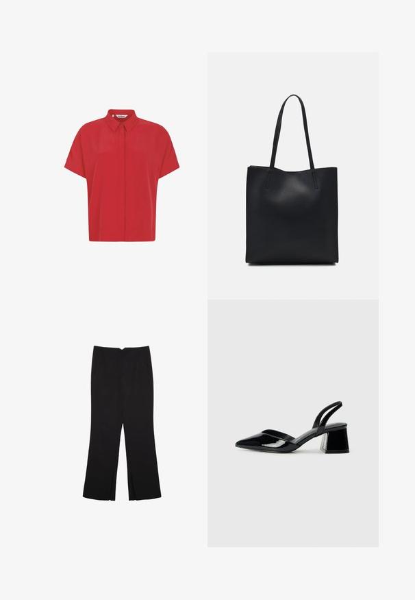 Red short-sleeve shirt made of lightweight fabric, featuring a button-down collar and a straight-cut design. Smooth texture with no patterns.; Black trousers with a straight fit, featuring front pockets and side slits at the hem. Made of soft, smooth fabric. Suitable for various occasions.; Black patent leather slingback heels with a pointed toe and a geometric block heel. Features a sleek, minimal design and smooth texture.; Black leather tote bag with smooth texture, rectangular shape, and two long handles. No visible hardware or embellishments.