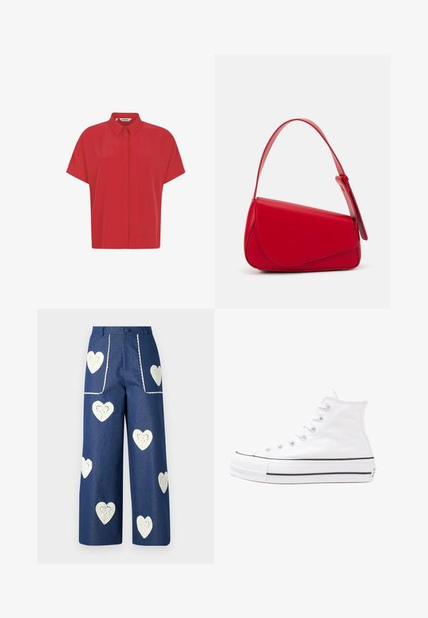 Rotes kurzärmeliges Hemd aus leichtem Stoff, mit einem Button-Down-Kragen und geradem Schnitt. Glatte Textur ohne Muster.; Sister Jane HEART TO HEART - Jeans Straight Leg - blue denim; Weiße hochwertige Leinensneaker mit schwarzer Gummisohle, vorderem Gummizehenschutz und sechs Ösen für Schnürsenkel, die ein sauberes, minimalistisches Design aufweisen.; Rote Lederhandtasche mit einem kantigen, geometrischen Design. Verfügt über einen verstellbaren Schulterriemen und einen Klappenverschluss mit genähten Details.