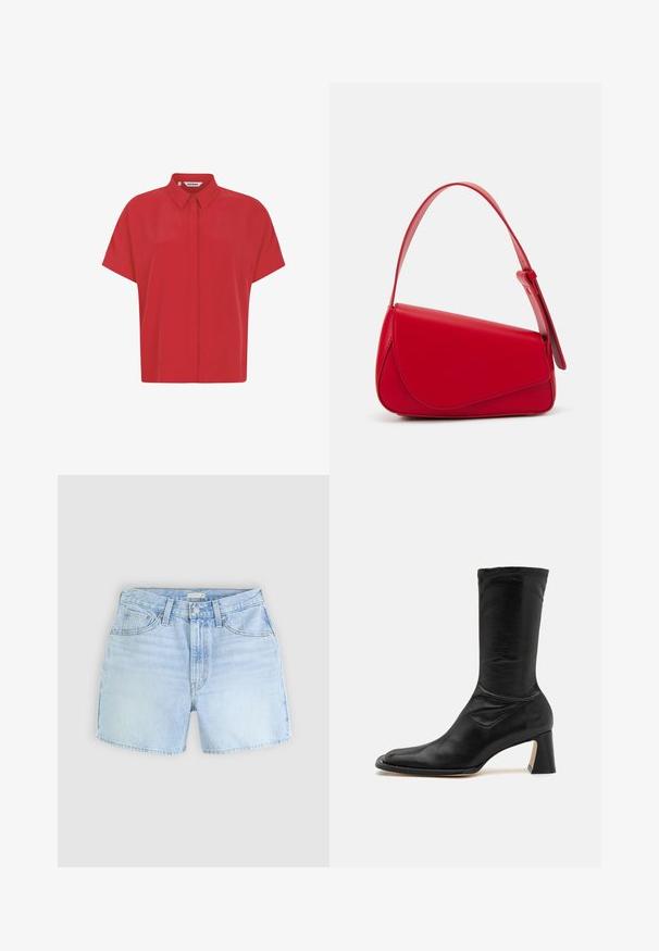 Rotes kurzärmeliges Hemd aus leichtem Stoff, mit einem Button-Down-Kragen und geradem Schnitt. Glatte Textur ohne Muster.; Helles blaues Denim-Shorts mit Fünf-Taschen-Design, Knopfverschluss und leicht ausgefranster Säume. Der Stoff zeigt eine weiche, strukturierte Optik.; Schwarze Leder-Stiefelette mit schmalem Schaft, spitzem Zehenbereich und blockiertem Absatz. Verfügt über eine glatte Textur und minimale Nahtdetails.; Rote Lederhandtasche mit einem kantigen, geometrischen Design. Verfügt über einen verstellbaren Schulterriemen und einen Klappenverschluss mit genähten Details.