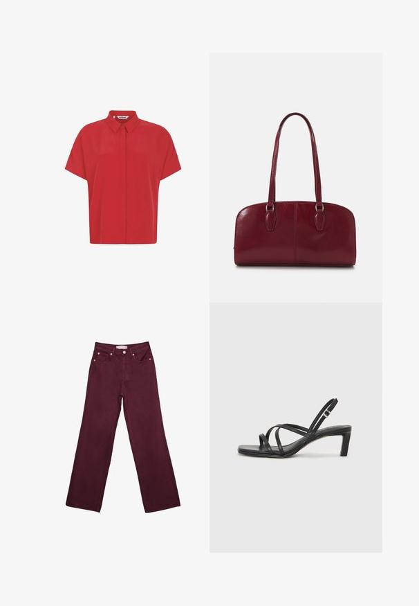Rød kortærmet skjorte lavet af letvægtsstof, med krave der kan knap til, og et lige snit. Glat tekstur uden mønstre.; Bordeaux højtaljede jeans med lige ben-design, der har forlommer, en knaplukning og hardware-detaljer i kobberfarve.; Sort remsandale med firkantet tå og en lav blokeret hæl. Har flere tynde stropper og en justerbar ankelrem. Fremstillet af glat læder.; Zign LEATHER - Håndtasker - dark red