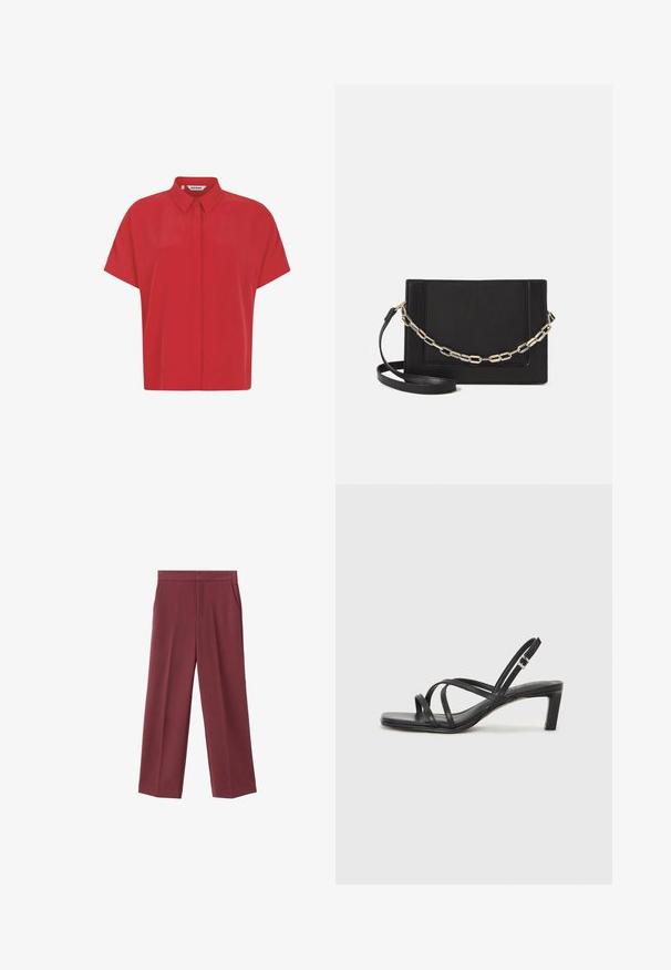 Camisa corta roja de manga corta hecha de un tejido ligero, con un cuello de botones y un diseño recto. Textura suave sin patrones.; Pantalones de pierna ancha color burdeos con una textura suave, que cuentan con bolsillos laterales y un diseño de cintura alta. Con un pliegue frontal limpio.; Sandalia negra de tiras con punta cuadrada y tacón bajo de bloque. Presenta múltiples tiras delgadas y una correa ajustable en el tobillo. Fabricada en cuero suave.; Bolso cruzado de piel negra con textura suave, forma rectangular y un detalle de cadena metálica en el frente. Incluye una correa ajustable.