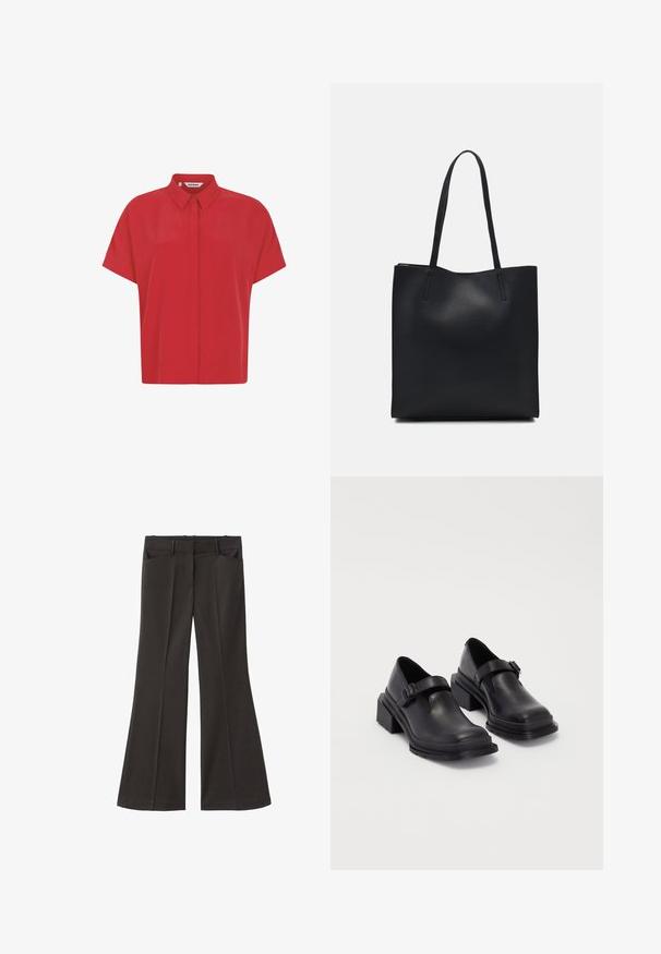 Rdeča kratka majica z ونftami iz lahkotnega materiala, z ovratnikom na gumb in naravnim rezom. Gladka tekstura brez vzorcev.; Črne razširjene hlače z visokim pasom; vključujejo dva sprednja žepa in gladko teksturo tkanine. Primerne za različne priložnosti.; Črne usnjene čevlje z zaobljenim nosom, ravnim podplatom in trakcem z zaponko. Debel blokasti petnik za dodatno stabilnost.; Črna usnjena torba s svilnato teksturo, pravokotne oblike in dvema dolgima ročajema. Brez vidnih metalnih delov ali okrasnih elementov.