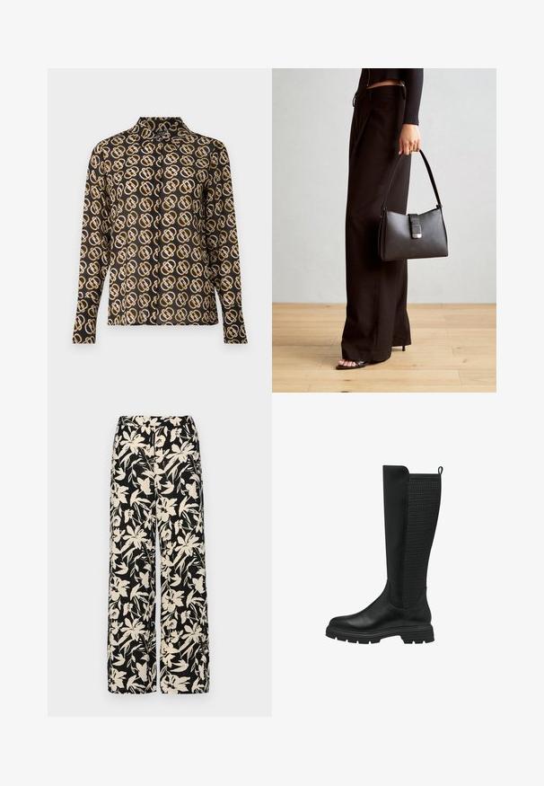 Camicia abbottonata in tessuto nero con un motivo geometrico in oro e bianco. Presenta maniche lunghe e un design colletto classico.; Top corto nero a maniche corte realizzato in materiale liscio, con design peplum e vita cintata adornata da due bottoni tondi in tono argento.; Pantaloni larghi neri con un motivo floreale crema. Realizzati in tessuto leggero, con una texture liscia e una vita alta.; Stivale nero fino al ginocchio con una parte anteriore in pelle liscia e un pannello in rete testurizzata sul retro, suola in gomma e una linguetta per indossarlo facilmente.; Borsa nera con forma strutturata, texture liscia e una chiusura metallica. Abbinata a pantaloni neri larghi e sandali open-toe su un pavimento in legno.