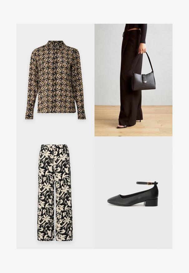 Schwarzes Hemd mit Knöpfen aus Stoff mit einem gold-weißen geometrischen Muster. Merkmale sind lange Ärmel und ein klassisches Kragen-Design.; Schwarzes Kurzarmoberteil aus glattem Material, mit einem Peplum-Design und einem taillierten Bund, der mit zwei runden, silberfarbenen Knöpfen ausgestattet ist.; Schwarze weit geschnittene Hose mit einem cremefarbenen Blumenmuster. Hergestellt aus leichtem Stoff, mit einer glatten Textur und einem hohen Bund.; Schwarze Lederpumps mit spitzem Zehenbereich und niedrigem Blockabsatz. Mit einem Knöchelriemen und einer goldfarbenen Schnalle. Glatte Textur.; Schwarze Handtasche mit strukturierter Form, glatter Textur und einem metallischen Verschluss. Kombiniert mit weiten schwarzen Hosen und offenen Sandalen auf einem Holzboden.