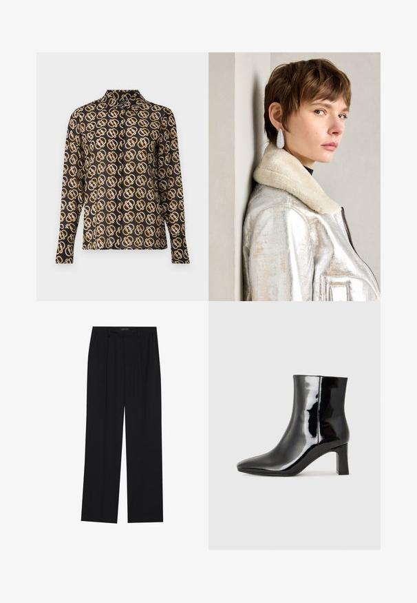 Camicia abbottonata in tessuto nero con un motivo geometrico in oro e bianco. Presenta maniche lunghe e un design colletto classico.; Pantaloni neri con un design a gamba dritta, dotati di due tasche frontali e di una vita. Realizzati in un tessuto morbido e leggero.; Stivaletto in pelle verniciata nera con punta a punta e tacco a blocco di altezza media. Texture liscia e design minimalista.; Giacca in pelle metallizzata argento con collare in shearling, dotata di chiusura zip e superficie texture. Orecchini a goccia grandi con gemme trasparenti.