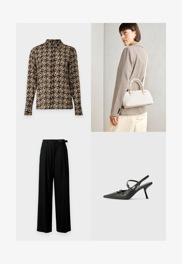 Napapaita mustasta kankaasta, jossa on kultainen ja valkoinen geometrinen kuvio. Omistaa pitkät hihat ja klassisen kaulussuunnitelman.; Mustat leveät housut korkealla vyötäröllä, etuosassa laskokset ja soljellinen vyö. Valmistettu sileästä ja kevyestä kankaasta.; Mustat nahkaiset slingback-korkokengät, joissa on terävä kärki, hoikka korko ja koristeellinen solkityyny varpailla. Tasainen pinta ja tyylikäs muotoilu.; Valkoinen rakenteellinen käsilaukku, jossa on lyhyet kahvat ja olkahihna, varustettu kultaisilla metalliosilla ja tekstuurilla, esillä harmaata taustaa vasten.