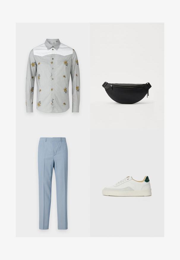 Langarmhemd in Hellgrau mit weißer Passe, featuring gelben Blumenstickereien und silbernen Knöpfen. Weicher Stoff mit glatter Textur.; Hellblaue gestreifte Hosen mit schmalem Schnitt, die vertikale Nadelstreifen in Weiß aufweisen. Hergestellt aus einem glatten Stoff mit maßgeschneidertem Design.; Weiße Sneaker mit Wildlederelementen, runder Zehenpartie, flachen Schnürsenkeln und einer cremefarbenen Gummisohle. Mit grünen Markenlogo am Fersenbereich.; Schwarze Leder Hüfttasche mit geschwungenem Design, oberem Reißverschluss, verstellbarem Gurt und genopptem Textur. Minimalistischer Stil mit silberner Hardware.