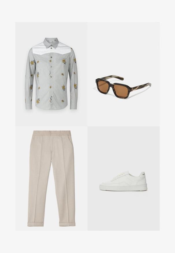 Langarmhemd in Hellgrau mit weißer Passe, featuring gelben Blumenstickereien und silbernen Knöpfen. Weicher Stoff mit glatter Textur.; Filippa K TERRY CROPPED TROUSERS - Stoffhose - sage melange; Weiße Ledersneaker mit glatter Oberfläche, runder Zehenpartie, flachen Schnürsenkeln und strukturiertem Sohlenprofil. Mit einem dezenten Logo an der Ferse.; Plastiksonnenbrille mit einem Schildkrötenmuster, oktagonalen braunen Gläsern und dünnen goldenen Hardwareakzenten am Gestell.