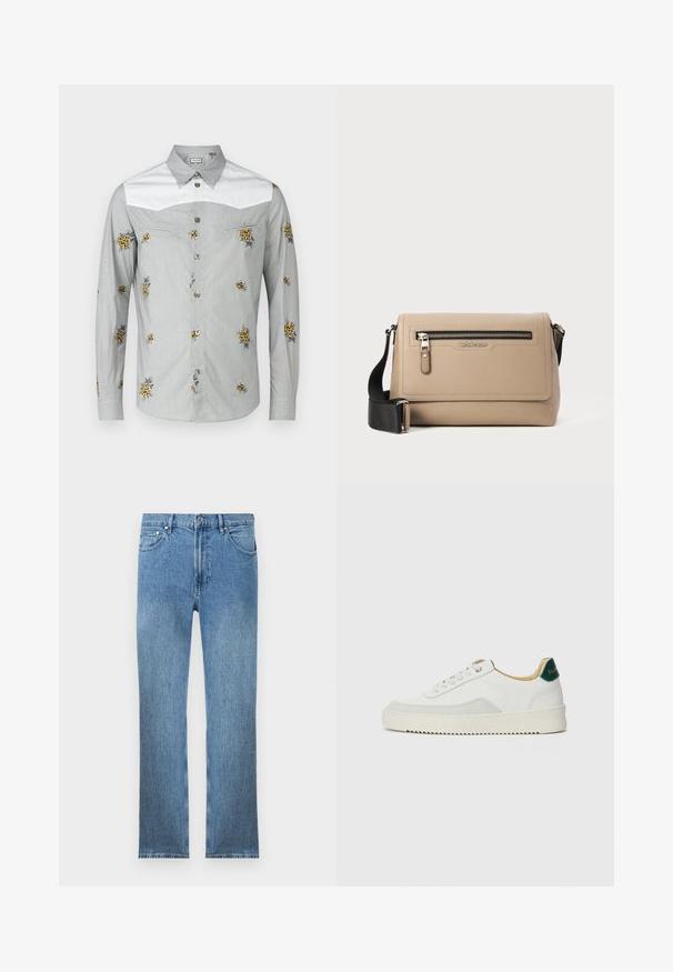 Camicia a maniche lunghe di colore grigio chiaro con yoke bianco, caratterizzata da ricami floreali gialli e bottoni argentati. Tessuto morbido con una texture liscia.; Jeans in denim azzurro chiaro con taglio dritto, cinque tasche, chiusura con cerniera e cuciture a contrasto. Il tessuto ha una finitura liscia e strutturata.; Sneaker bianco con accenti in camoscio, punta rotonda, lacci piatti e suola in gomma crema. Presenta un marchio verde sul tallone.; Borsa a tracolla in pelle beige con finitura texturizzata, dotata di tasca con zip frontale e tracolla nera regolabile. Logo visibile sul davanti.