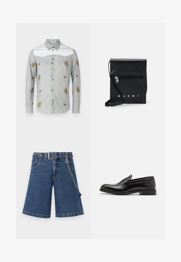 Chemise à manches longues en gris clair avec un empiècement blanc, ornée de broderies florales jaunes et de boutons argentés. Tissu doux avec une texture lisse.; Shorts en denim bleu foncé, au design large avec une taille ceinturée comportant des œillets métalliques, ornés de coutures contrastées et d'une chaîne sur le côté.; Mocassins en cuir noir avec une texture lisse, bout rond et une sangle décorative sur le dessus. Talon bas empilé, design minimaliste.; Sac à bandoulière en cuir noir avec une poche avant zippée, logo embossé et une bandoulière ajustable. Texture lisse avec une forme structurée.