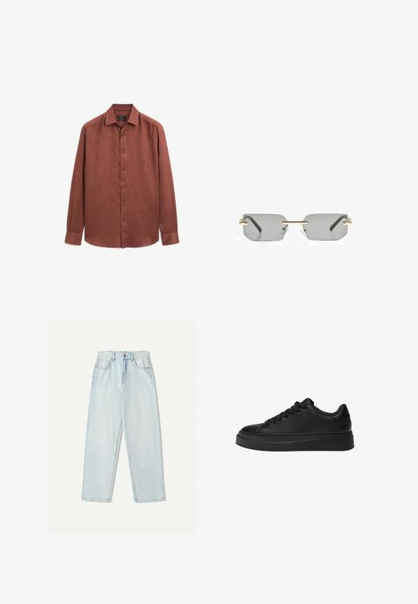 Langärmliges Hemd aus rostfarbener Leinenware, mit Knopfleiste, klassischem Kragen und schlichten Manschetten. Glatte Textur mit leichtem Glanz.; Helle blaue Denim-Jeans mit lässiger Passform, geradem Beindesign, Fünf-Taschen-Stil und dezentem Verblassen des Stoffes.; Schwarzer Sneaker aus glattem Leder, mit runder Zehenpartie, dicker Plattformsohle und traditionellem Schnürdesign mit sechs Ösen.; Bershka RECTANGULAR - Sonnenbrille - black