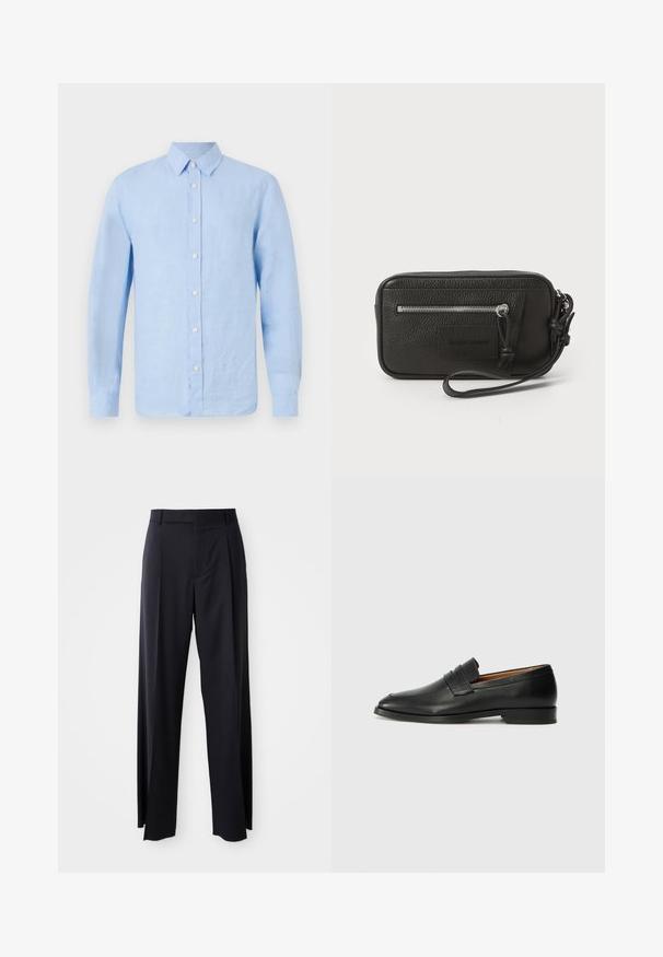 Tiger of Sweden SPENSER - Marškiniai - summer sky; Juodi, aukštai užtraukiami kelnių modeliai su plačiomis kojomis, pagaminti iš lygaus audinio. Yra priekiniai raukšlės ir diržo kilpos. Minimalistinio dizaino, be matomų detalių.; Juodas odinis loaferis su apvaliu nosiu, subtiliomis siuvimo detalėmis ir žemu kulnu, pasižymintis lygia tekstūra ir minimalistiniu dizainu.; Juodas odinis delninukas su tekstūruotu paviršiumi, priekinė užtrauktuko kišenė ir nuimama riešo juosta. Priekyje yra logotipo etiketas. Stačiakampio formos.