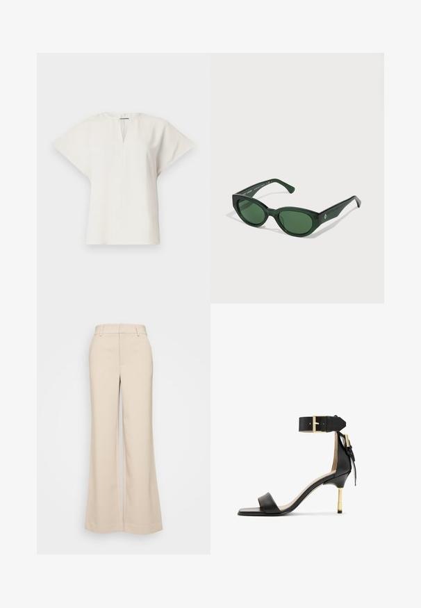 Lyhythihainen valkoinen toppi, jossa on V-pääntie ja rento leikkaus. Sileä kangas, jossa on hienovarainen kiilto ja sivuaukot liikkumisen helpottamiseksi.; Beige levelek pantsa, jotka ovat sileätekstuuriset ja joissa on korkea vyötärö sekä kaksi etutaskua. Siisti muotoilu ja istuva malli.; Musta nahkainen korkokenkä, jossa on neliönmuotoinen kärki, nilkkahihna, jossa on kultainen solki, ja hoikka metallinen korko. Sileä pinta, minimalistinen muotoilu.; Vihreät aurinkolasit kiiltävällä pinnalla, suorakulmaiset kehykset ja tummanvihreät linssit. Sisältää huomaamattoman logon tempurin sivussa.