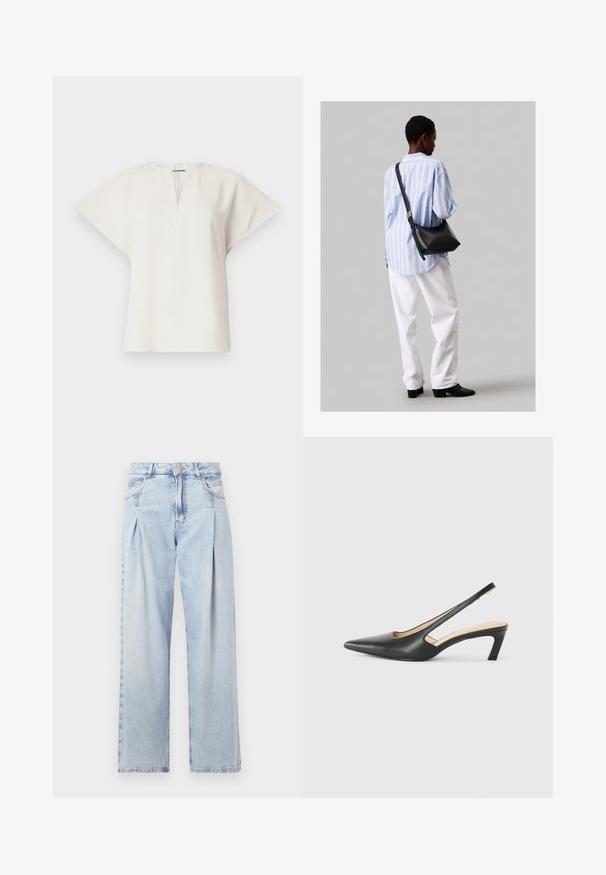 Īsām piedurknēm baltā blūze ar V veida kakla izgriezumu un brīvu siluetu. Gluda auduma virsma ar smalku spīdumu un sānu šķēlumiem, kas nodrošina brīvību kustībai.; Gaiši zilas džinsu bikses ar augstu jostasvietu, plats kāju griezumu, divām sānu kabatām un krokotā dizaina akcentiem. Mīksta tekstūra ar izdilušu apdari.; Melna, ar smailu purngalu, slingback kurpe ar zemu papēdi, izgatavota no gludas ādas materiāla un ar izgriezumiem sānos gaisa caurlaidībai.; Melna ādas plecu soma ar mīkstu tekstūru, trīsstūra formu un regulējamu siksnu, apvienota ar gaiši zilu svītrotu krekli un baltām biksēm.