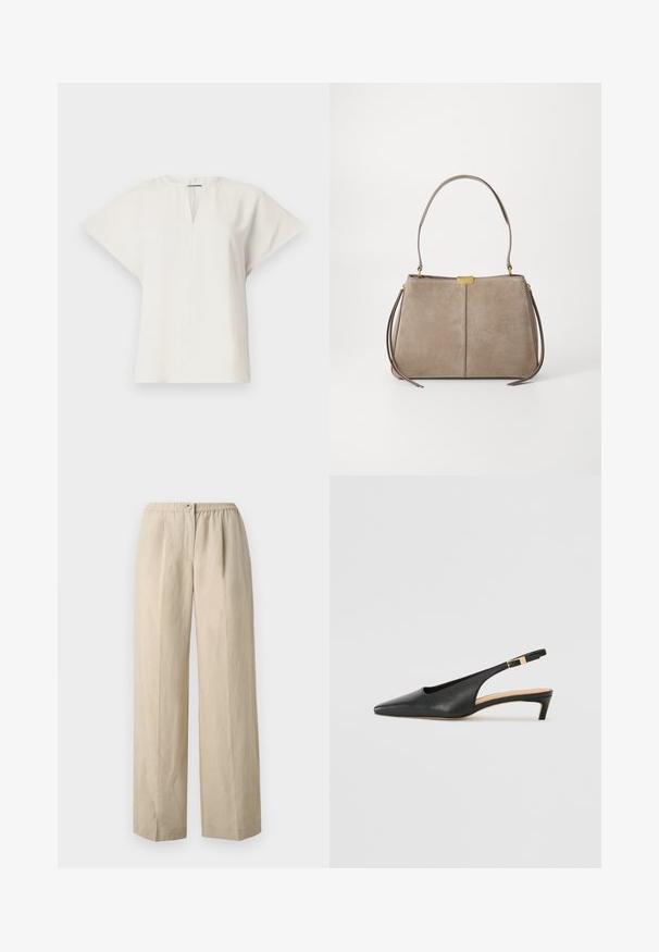 Haut blanc à manches courtes avec un décolleté en V et une silhouette décontractée. Tissu lisse avec un éclat subtil et fentes latérales pour un confort de mouvement.; Pantalons larges beiges en tissu doux avec une taille élastique froncée et une fermeture à bouton à l'avant. Texture lisse avec des plis.; Talons aiguilles en cuir noir à bride arrière, avec un bout pointu, un talon bas et une sangle de cheville réglable dotée d'une boucle dorée. Texture lisse.; Tommy Hilfiger CASUAL SHOULDER BAG - Sac à main - coastal taupe