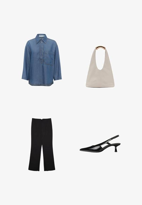 Denim srajca v modri barvi s ostro ovratnico, dolgimi rokavi, sprednjim gumbnim zapiranjem in enim žepom na prsih. Ima kontrastno šivanj.; Črne hlače ravnega kroja z naglavnimi žepi in stranskimi razporki na robu. Narejene iz mehke, gladke tkanine. Primerne za različne priložnosti.; Črne patentični usnjeni salonarji s slingback designom, z zašiljenim nosom, izrezanim stranskim dizajnom in majhnim kvadratnim peto. Gladka tekstura z minimalnimi detajli.; Svetlo siva usnjena torba z U-oblika zasnovo in ukrivljenim kovinskim ročajem. Gladka tekstura z minimalnim šivom in brez vidnih vzorcev.