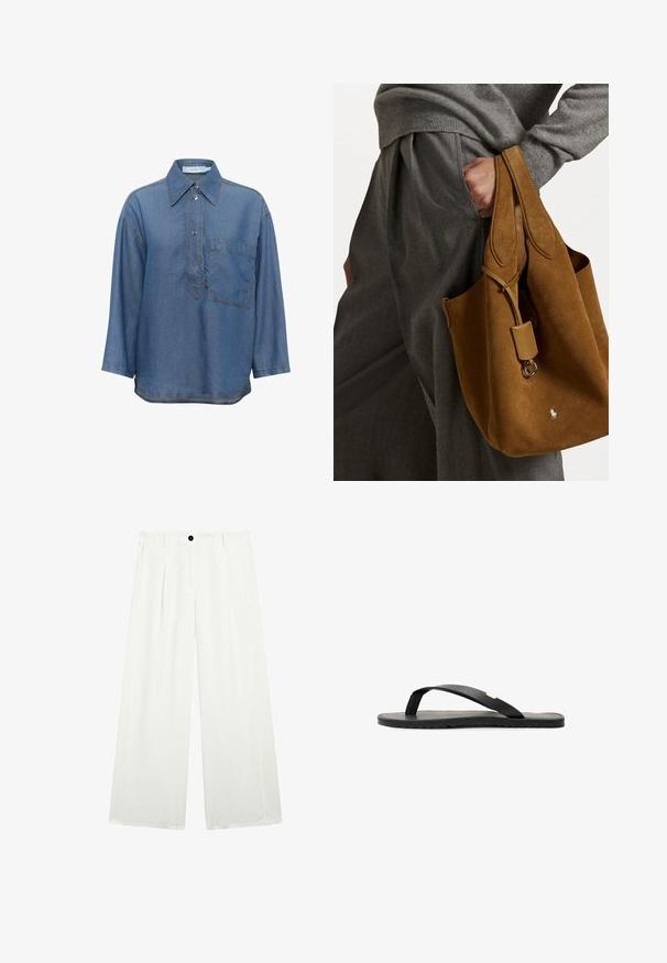 Blauwe denim shirt met een puntige kraag, lange mouwen, voorsluiting met knopen en een enkele borstzak. Heeft contrasterende stiksels.; Wijd uitlopende broeken van witte stof, met een enkele zwarte knop bij de taille, twee frontzakken en een gladde, strakke textuur.; Zwarte flip-flop sandaal met een platte zool, zwarte textuur inlegzool, gladde bandjes en een kleine gouden accent bij de teenpost.; Bruine suède tote bag met een ronde vorm, dubbele handvatten en een metalen hardware accent. Heeft een klein logo aan de voorkant.