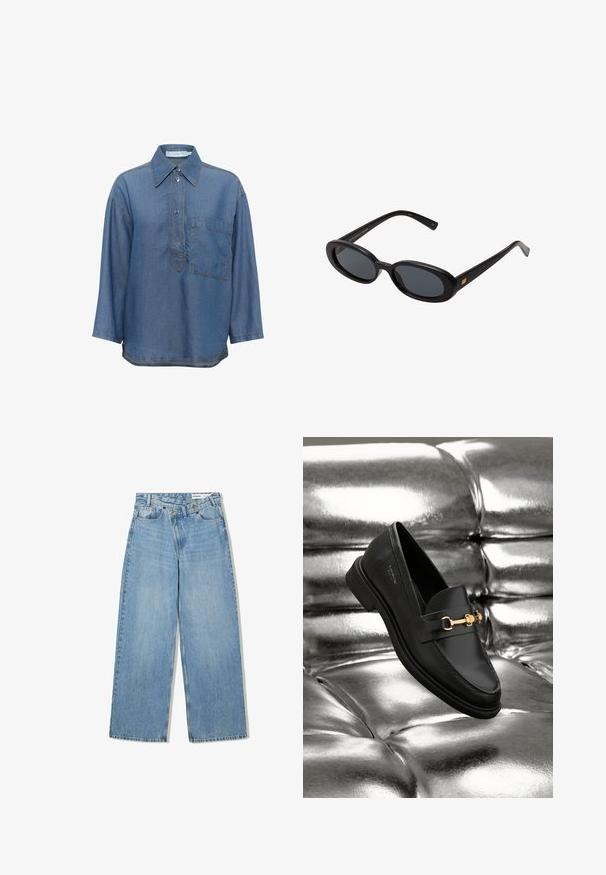 Denim srajca v modri barvi s ostro ovratnico, dolgimi rokavi, sprednjim gumbnim zapiranjem in enim žepom na prsih. Ima kontrastno šivanj.; Svetlo modri široki kavbojki iz denima, ki imajo visok pas, pet žepov, zapiranje na gumb in subtilno zbledelost za teksturo.; Črne usnjene loafers čevlje s podrobnostjo iz zlatega tona. Čevlj je oblikovan v elegantnem slogu in ima gladko, sijočo teksturo.; Črne oversize sončne očala z ovalnimi lečami, gladkim plastičnim okvirjem in zlatenimi detajli na templjih. Temne leče zagotavljajo zaščito pred soncem.; Mehakna rjava torbica v hobo stilu z enim širokim trakom in ukrivljenim odprtjem na vrhu, prikazana na beli podlagi.