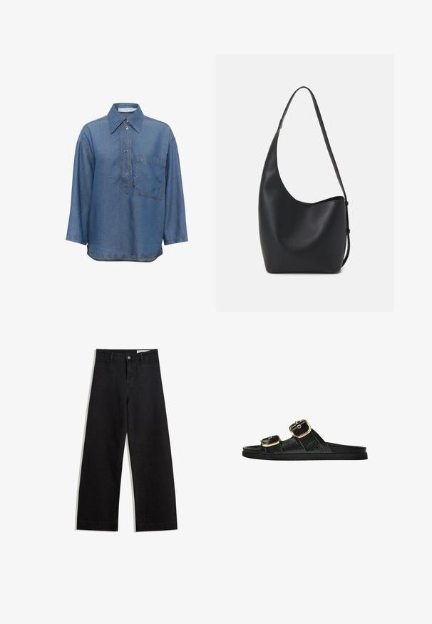 Camicia in denim blu con colletto a punte, maniche lunghe, bottoni frontalmente e una tasca sul petto. Presenta cuciture a contrasto.; Pantaloni in denim neri a gamba larga con vita alta, dotati di tasche anteriori e posteriori, cuciture a punto, e chiusura con bottone. Texture liscia.; Infradito neri con due accenti di fibbia dorata, materiale dalla texture liscia, suola piatta e design minimalista.; Borsa hobo nera in pelle con una superficie liscia, forma curvata e una singola tracolla regolabile; presenta un'ampia apertura nella parte superiore.