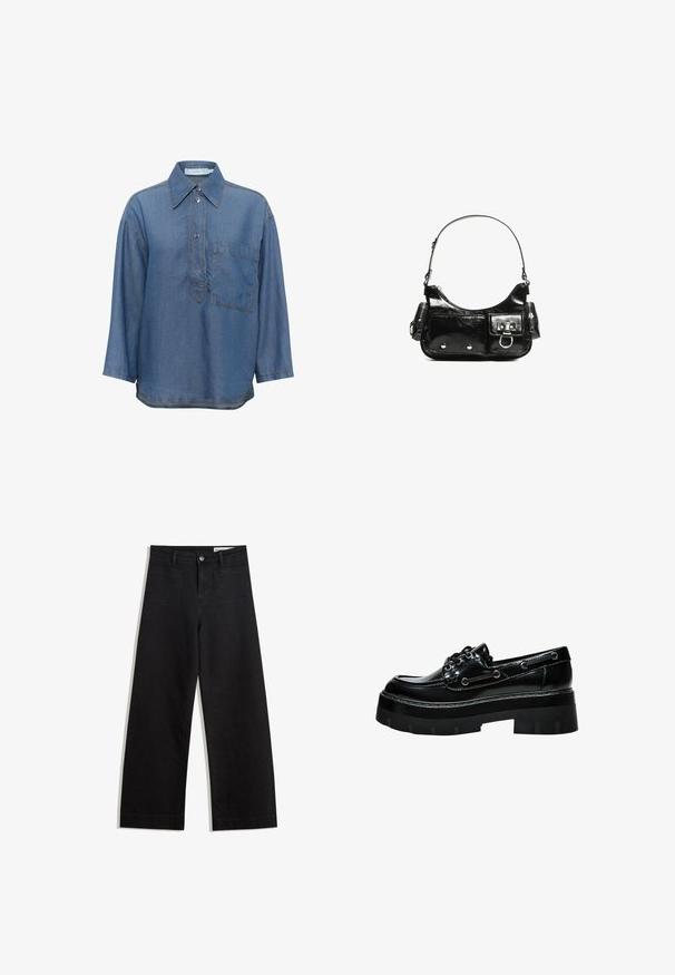 Blaue Jeanshemd mit spitzem Kragen, langen Ärmeln, durchgehender Knopfleiste und einer einzelnen Brusttasche. Mit kontrastierenden Nähten.; Schwarze weit geschnittene Jeans mit hoher Taille, ausgestattet mit Vorder- und Hintertaschen, gesteppten Nähten und einem Knopfverschluss. Glatte Textur.; Schwarzer Lacklederschuh mit dickem Plateau, abgerundeter Spitze, Schnürdesign und silberfarbigen Ösen. Verfügt über eine strukturierte, profilierten Sohle.; Schwarze Lackleder-Handtasche mit geschwungenem Design, einem Schulterriemen, Vordertaschen und silberfarbenen Hardware-Akzenten.