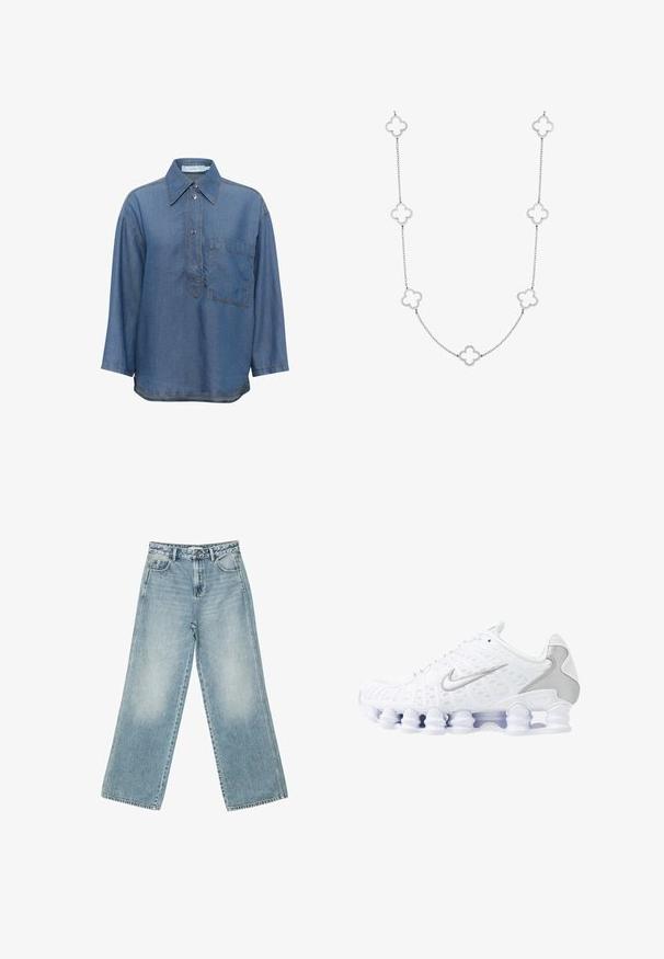 Blaue Jeanshemd mit spitzem Kragen, langen Ärmeln, durchgehender Knopfleiste und einer einzelnen Brusttasche. Mit kontrastierenden Nähten.; Hellblaue weite Jeans aus Denim mit hoch geschnittenem Bund, fünf Taschen und subtilen Ausbleichungen entlang der Beine.; Weiße Sportschuhe mit einem oberen Teil aus Mesh, silbernen Akzenten und einem einzigartigen Spiralsohlendesign. Verfügt über einen gepolsterten Schaft und eine Schnürung für optimalen Halt.; Silberne Kettenhalskette mit abwechselndem Kleeblatt-förmigen Gliedern mit offenen Zentren, glatter Textur und zartem Design.