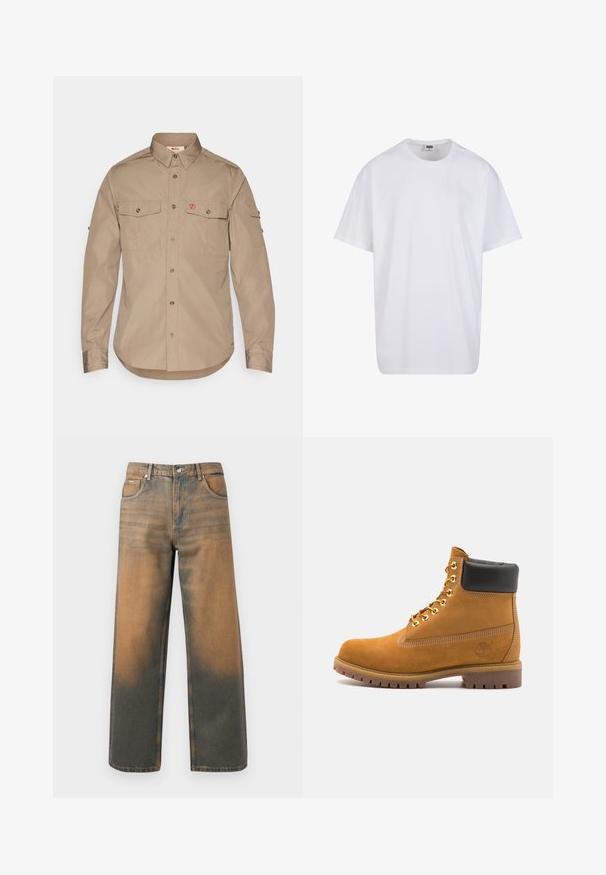 Vaaleanbeige pitkähihaisessa paidassa on kaksi rintataskua, napp closure, pyöristetty helma ja punainen logo vasemmassa taskualueessa.; Valkoinen puuvillainen t-paita, jossa on lyhyet hihat, pyöreä kaula-aukko, rento istuvuus ja ei näkyviä logoja tai kuvioita. Sileä pinta ja minimaalinen muotoilu.; Levin leveät farkut kuluneessa sinisessä ja ruskeassa denimmissä. Ominaisuuksiin kuuluu korkea vyötärö, etupussit ja klassinen napitus metallikoristeilla.; Valkoinen nahkainen nilkkuri mustalla pehmustetulla kauluksella, kultaisilla metallisilla rei'illä, valkoisella ompeluksella ja jykevällä kumipohjalla, jossa on selvästi näkyvät urat.