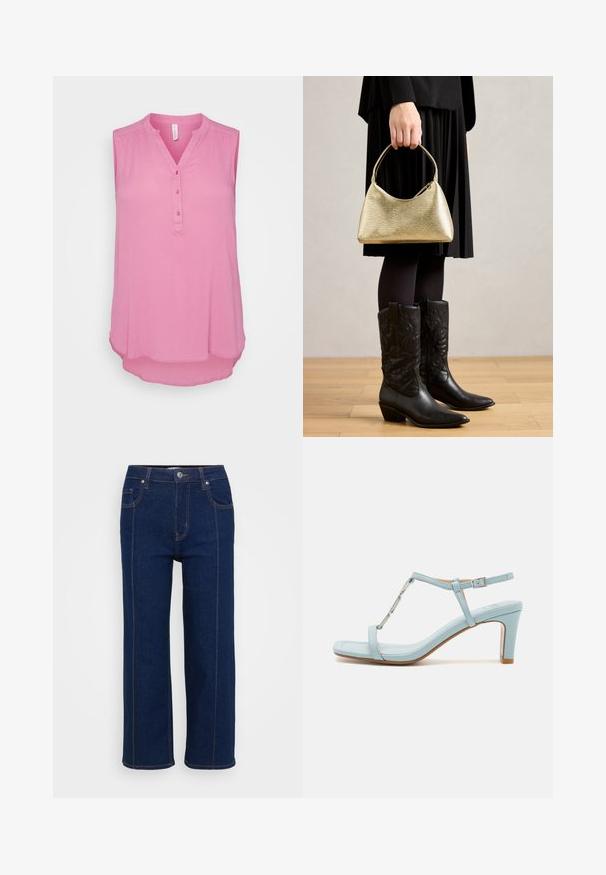 Ärmlös rosa blus med V-ringning och femknappars stängning. Mjuk tyg med en något strukturerad yta och rundad nederkant.; Mörkblå raka jeans med knappstängning, fram- och bakfickor samt synlig orange söm längs sömmarna.; Ljusblå ankelrem högklackad sandal med fyrkantig tådesign, utrustad med en metallisk accent och en elegant, slät lädertextur.; Gyllene texturerad handväska med kurvform och kort handtag, hålls av en person som bär en svart plisserad kjol och svarta lädercowboystövlar.