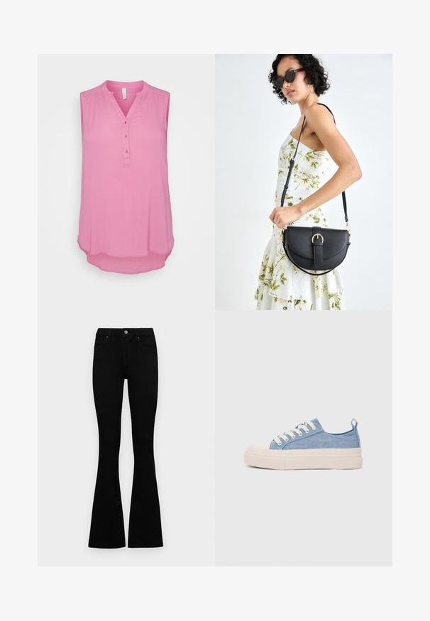 Ujjatlan rózsaszín blúz V-nyakkal és öt gombos pánttal. Puha anyag, enyhén texturált felülettel és kerekített szegéllyel.; Fekete, magas derekú farmernadrág gomb- és cipzárzárral, elülső zsebekkel és harangszárral, laposan egy fehér háttérre terítve.; Világoskék vászon sportcipők, krémszínű gumitippel és talppal, fehér fűzőkkel és egy húzófüllel a sarkán.; Fekete bőrtáska ívelt formával, levehető pánttal és arany színű fémrészekkel. A táskán egy csattal díszített fedél található.