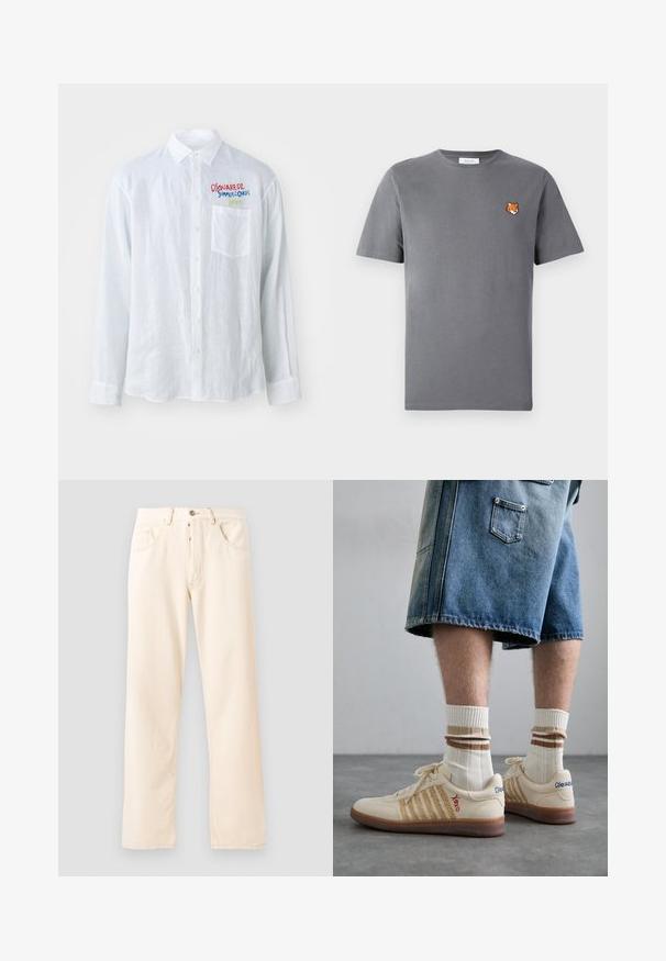 Camicia bianca a maniche lunghe in un tessuto testurizzato, con taschino sul petto e testo ricamato multicolore sul lato sinistro.; T-shirt grigio in cotone con un piccolo ricamo di testa di volpe arancione sopra il lato sinistro del petto. Collo a giro, maniche corte e vestibilità classica.; Jeans in denim beige chiaro con un design a gamba dritta, cinque tasche e chiusura anteriore con bottone. Cuciture visibili lungo le cuciture.; Sneaker retro beige con suola in gomma marrone, dotate di dettagli a righe e loghi ricamati. Indossate con calze bianche e dettagli marroni a righe.
