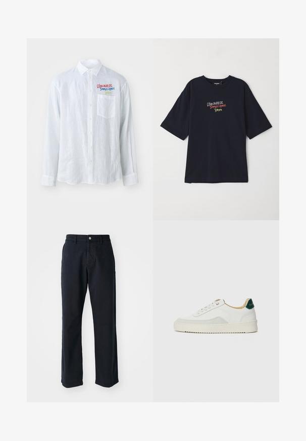 Balta ilga rankovė marškiniai, pagaminti iš reljefo audinio, su krūtine kišenėje ir daugiaspalve siuvinėta užrašu kairėje pusėje.; Tamsiai mėlynas medvilninis marškinėliai su trumpomis rankovėmis. Papuoštas spalvingais siuviniais: "DSQUARED2 VASAROS MYLĖTOJAI XOXO" raudona, žalia ir balta spalvomis.; Tamsiai mėlynos medvilninės kelnės su tiesiu kirpimu, turinčios priekinį knopkę ir dvi šonines kišenes. Lygi tekstūra, nematomi raštai.; Baltos sportbačiai su zomšos akcentais, apvaliu nosiu, plokščiais raišteliais ir kreminės spalvos guminiu padu. Ant kulno yra žalia ženklinimo detalė.