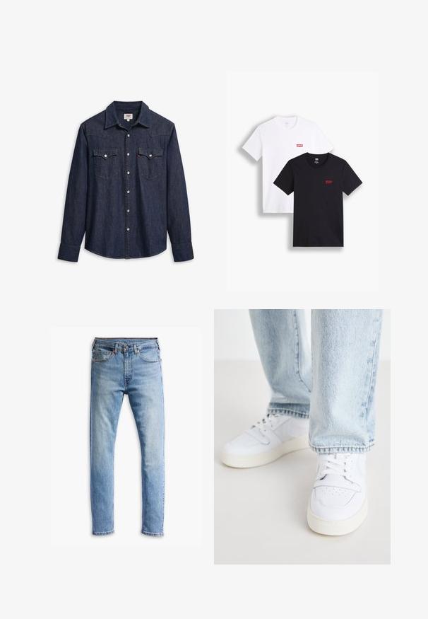 Mørkeblå denimskjorte med lange ærmer, spiss krage og to brystlommer. Har sølvfargede trykknapper og kontrasterende sømmer.; To korte ermesskjorter: en hvit og en svart. Begge laget av bomull med en rød Levi's-logo på brystet. Enkel rund hals-design.; Lyseblå denimjeans med rett snitt, fem lommer, knappelukking og subtil falming over stoffet.; Hvite lær lave sneakers med perforert tå, flate lisser og minimalistisk design. Kombinert med lyseblå denimjeans.