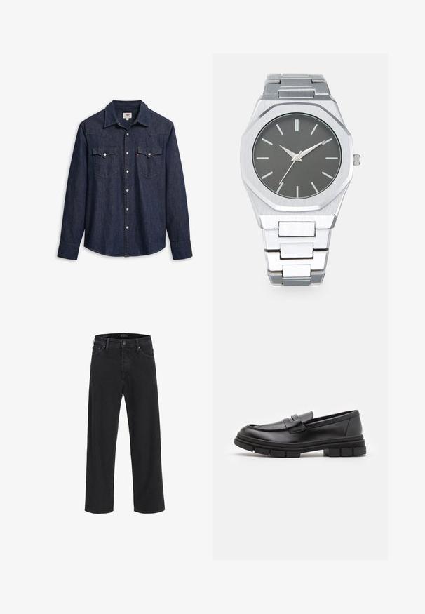 Dark blue denim shirt with long sleeves, pointed collar, and two chest pockets. Features silver snap buttons and contrasting stitching.; Black straight-leg denim jeans with button and zipper closure, belt loops, and front and back pockets.; Black leather loafers with a smooth finish, featuring a front strap detail and a chunky rubber sole with grooved accents.; Silver analog watch with an octagonal case, gray dial, silver hour markers, and a stainless steel link bracelet. Minimalist design with smooth texture.